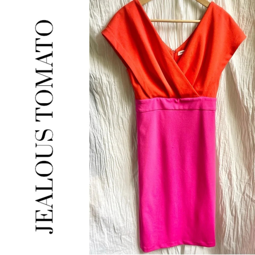 Jealous Tomato Pink & Red Colorblock Surplice Neckline Mini Dress, S - Picture 2 of 14
